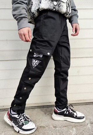 CLIP ON DENIM JOGGERS SLIM FIT SKELETON PATCH PANTS IN BLACK