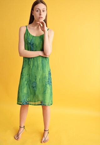 90'S RETRO TIE DYE PLANT PATTERN GREEN MINI DRESS