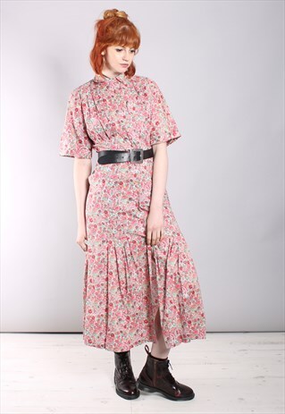 VINTAGE 60S FLORAL PLEATED BUTTON SHIRT MAXI DRESS