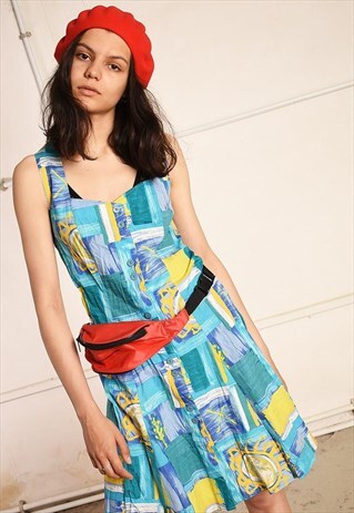 90'S RETRO ABSTRACT PRINT MINI FESTIVAL DRESS