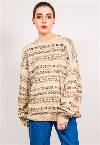 VINTAGE 90'S BEIGE FAIRISLE PATTERN KNIT OVERSIZED JUMPER