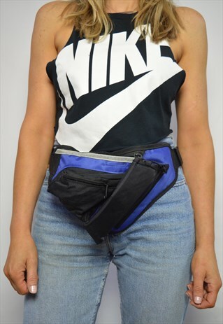 VINTAGE 90S BLACK & BLUE SPORTY BUM BAG FANNY PACK RETRO
