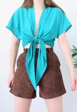 80s Vintage Turquoise Tie Up Blouse Top