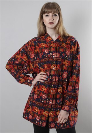 VINTAGE 80S FLORAL PATTERNED OVERSIZE FLANNEL SHIRT