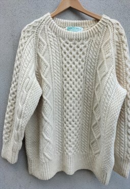 Vintage Irish Pure Wool Knitted Beige Aran Jumper