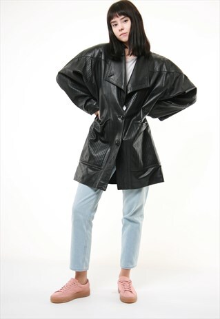 80S VINTAGE LEATHER LONG MAXI TRENCH COAT 673