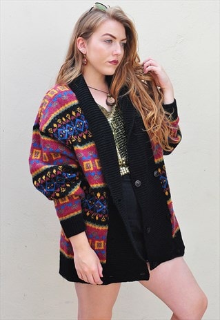 VINTAGE OVERSIZE GRANNY KNIT PATTERNED FESTIVAL CARDIGAN