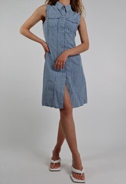 Vintage button through blue dress in mixed check