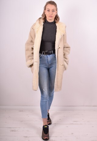 WOMENS VINTAGE LEATHER COAT XL BEIGE 90S