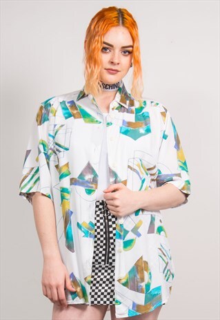 VINTAGE 90'S WHITE ABSTRACT PATTERN SHORT SLEEVE SHIRT