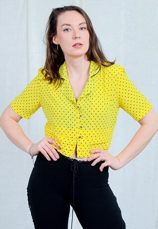 POLKA DOTS TOP YELLOW BLOUSE CROPPED SHORT SLEEVE SHIRT SUN