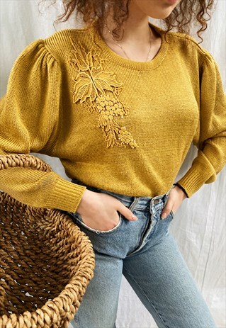 VINTAGE 80S BRONZE BOHEME FLORAL APPLIQUE KNIT JUMPER