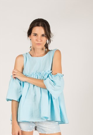 FRILLED SLEEVES COLD SHOULDER TOP (BLUE)