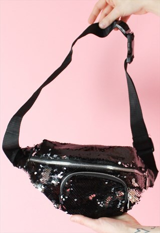 VINTAGE INSPIRED BUM BAG BLACK SEQUIN GLITTER