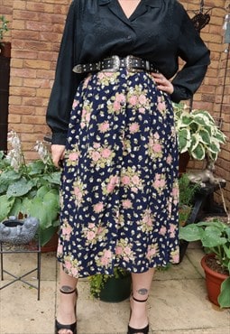 Vintage 80s Navy Cottage Floral Flower Festival Midi Skirt