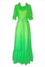 70's Vintage Grass Green, Floaty Frilly Chiffon Maxi Dress