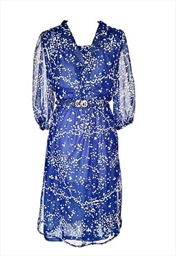1970s Vintage blue spotted midi Dress with belt 