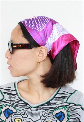 90S/ Y2K VINTAGE PURPLE POLKA DOT SATIN BANDANA / HEADSCARF