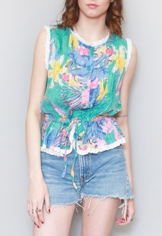 VINTAGE 1970'S COLOURFUL FLORAL LACE TRIM BOHO FESTIVAL TOP