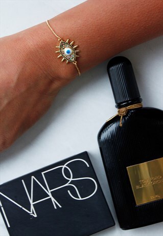 GOLD TURQUOISE BLUE BLACK EVIL EYE DIAMANTE BRACELET