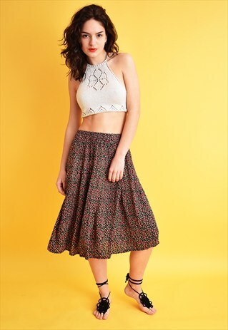 90'S RETRO FLORAL PATTERN WRINKLED SUMMER MIDI SKIRT