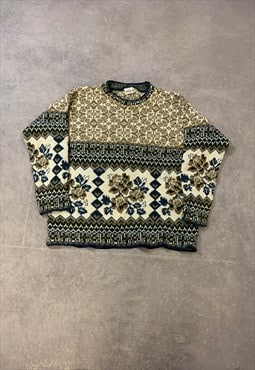 Vintage Knitted Jumper Flower Patterned Knit Sweater