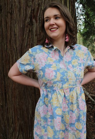 VINTAGE DENIM PASTEL BLUE PINK & YELLOW FLORAL SHIRT DRESS