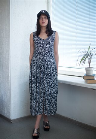 VINTAGE 80'S BLACK FLOWER PRINT MAXI DRESS