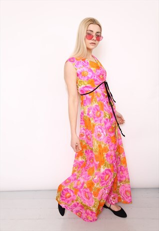 VINTAGE 70S PINK NEON FLORAL MAXI DRESS