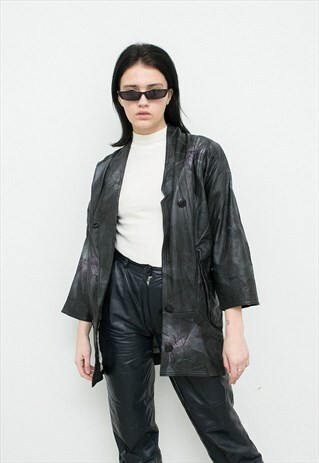 VINTAGE JACKET BLACK WASHED FAUX LEATHER LONG BAT SLEEVES