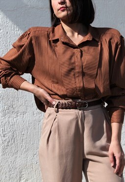 Avanti 80s stock brown striped long button up collared blous