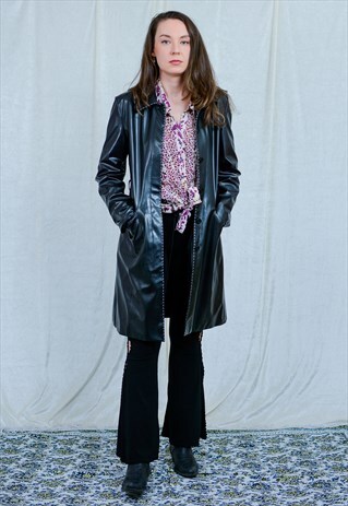FAUX LEATHER COAT BLACK ARTIFICIAL TRENCH VINYL VINTAGE L