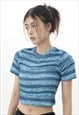 STRIPE PRINT CROP TOP PREPPY T-SHIRT GRUNGE TOP IN BLUE