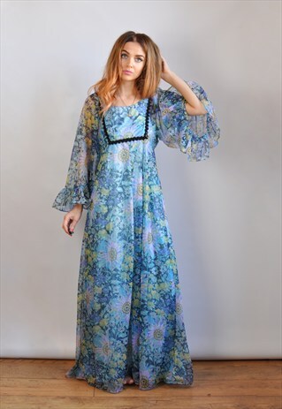 VINTAGE 1970S BLUE HIPPY BOHEMIAN MAXI DRESS