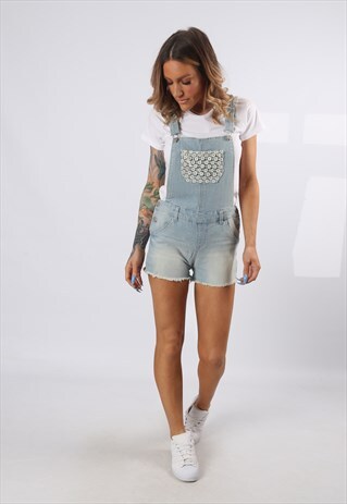 DENIM DUNGAREE SHORTS VINTAGE UK 8 - 10 (E5DM)