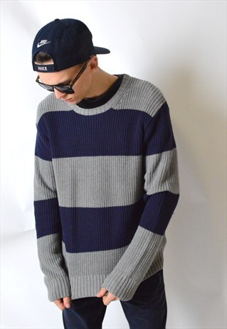 NAVY BLUE AND GREY STRIPED KNIT JUMPER
