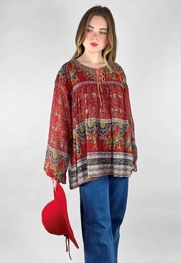 70's Indian Cotton Gold Stamp Red Ladies Smock Top Blouse