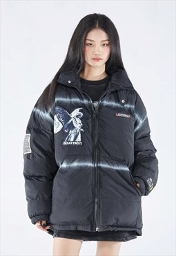 Angel patch bomber jacket Gothic punk print puffer in black