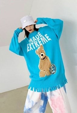 Teddy sweater y2k fluorescent bear ripped jumper blue