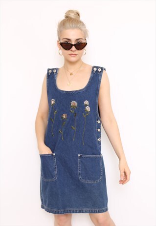 VINTAGE 90S BLUE DENIM FLORAL EMBROIDERED DRESS
