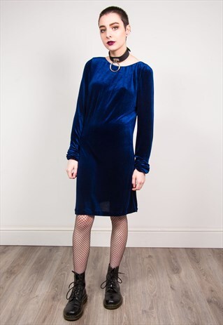 VINTAGE 90'S DEEP BLUE VELVET LONG SLEEVE MIDI DRESS