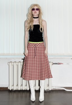 Vintage Y2K plaid preppy midi skirt in red and beige tones