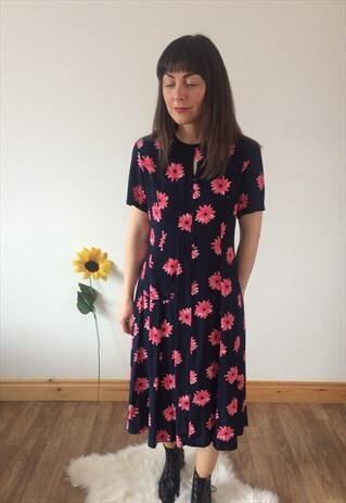 VINTAGE 80S NAVY & PINK FLORAL MIDI DRESS