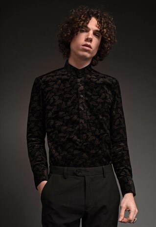 MENS BLACK PAISLEY CORD ALBION KAFTAN SHIRT