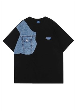 Denim patch t-shirt gorpcore tee retro jeans top black blue