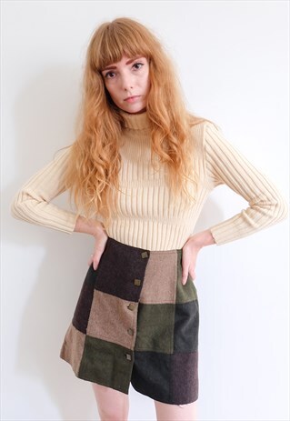 VINTAGE 90S MOSCHINO WOOL PATCHWORK MINI A-LINE SKIRT