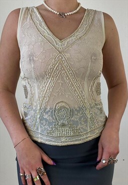Early 00s ivory white hand beaded top