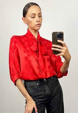 Vintage Red Satin Pussy bow  Blouse , Silky Bow Tie Top