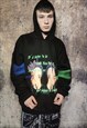 PUNK PRINT HOODIE NEON GRAFFITI RAVER Y2K PULLOVER BLACK