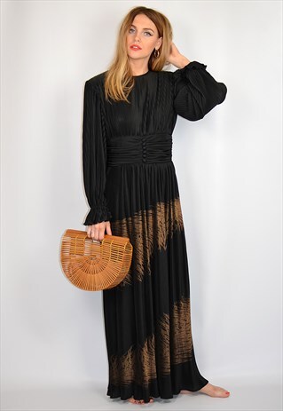VINTAGE 70'S BLACK & GOLD PLEATED BALL PROM MAXI DRESS